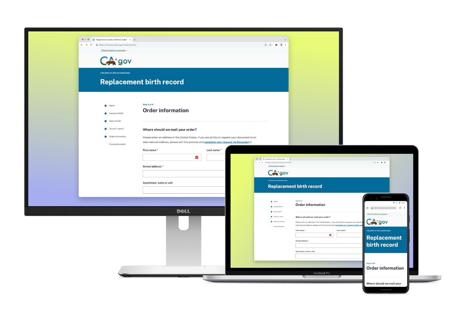 The digital form for requesting a new birth certificate on CA.gov, displayed on a desktop, a laptop, and a mobile device.